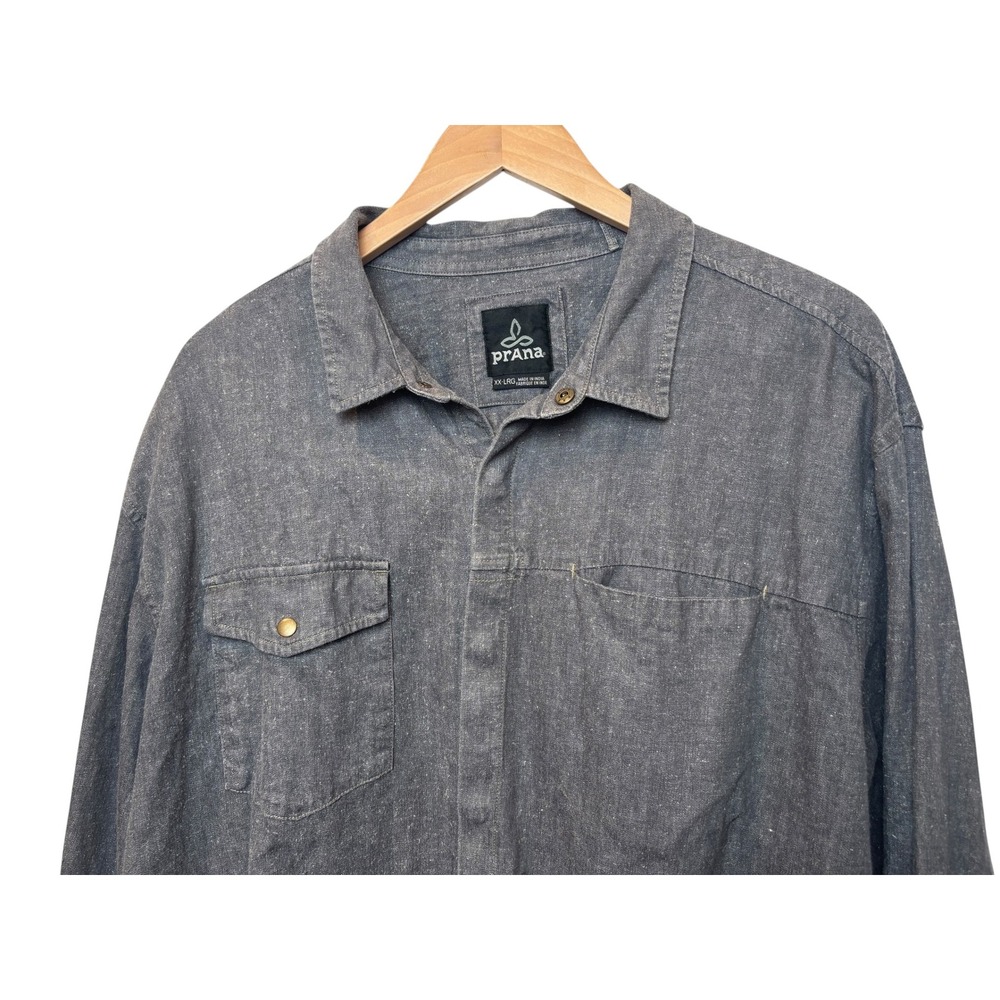 Prana Mens XXL Gray Chambray Long Sleeve Snap Button Down‎ Shirt Cotton Blend